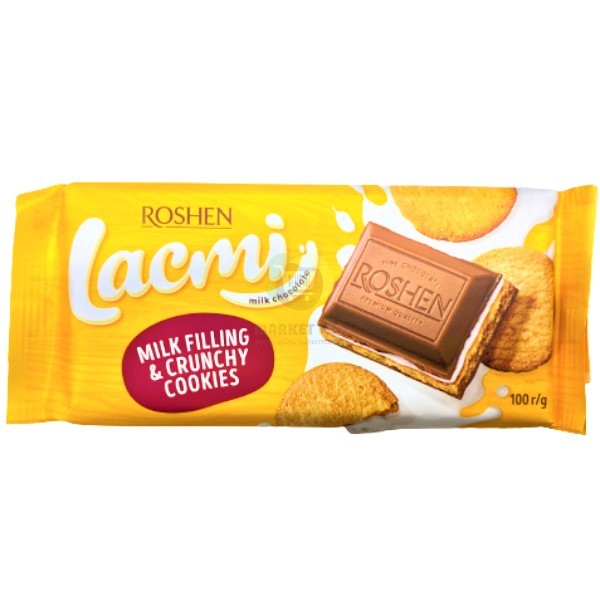 Շոկոլադե սալիկ «Roshen» Lacmi կաթնային միջուկով և խրթխրթան թխվածքաբլիթով 115գ