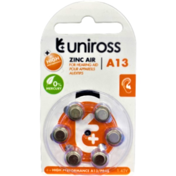 Batteries "Uniross" Zinc Air A13 1.45V 6pcs