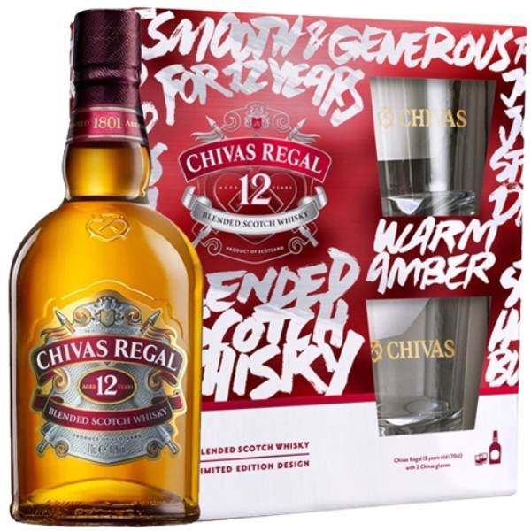 Виски "Chivas Regal" 12л 40% 0.7л+2 стакана в коробке