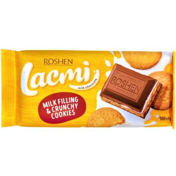 Շոկոլադե սալիկ «Roshen» Lacmi կաթնային միջուկով և խրթխրթան թխվածքաբլիթներով 100գ
