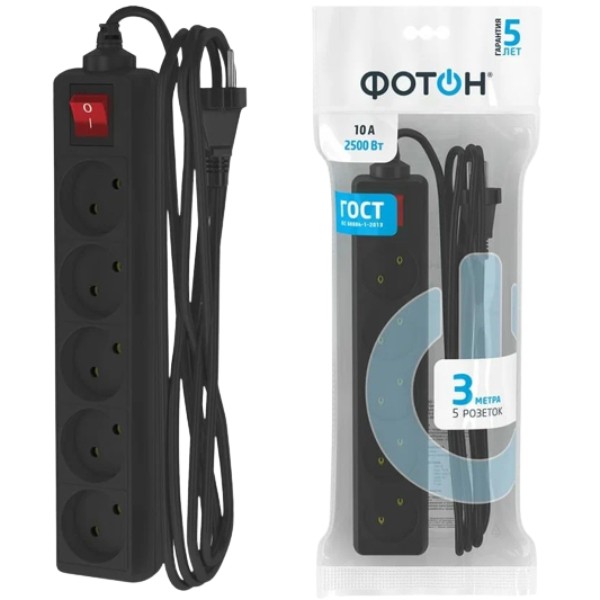 Extension cord "Photon" black 10A 2500W 3m 5 sockets 1pcs