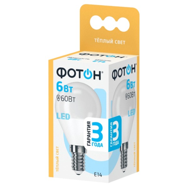 Bulb "Photon" LED warm light P-45 E14 6W 3000 1pcs
