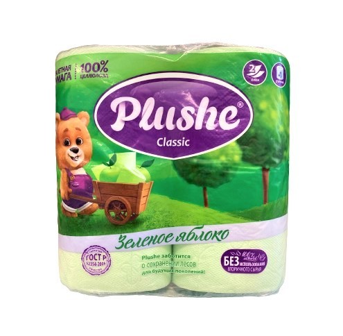 Бумага туалетная "Plushe" с запахом зеленого яблока, два слоя по 4 шт.