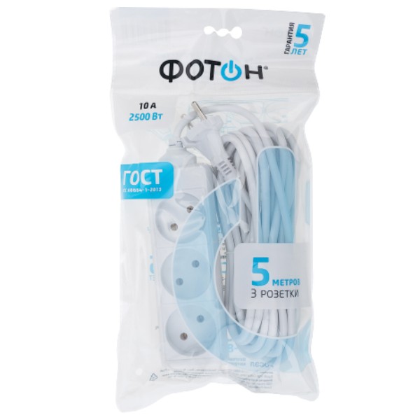 Extension cord "Photon" 10-53 10A with a switch with grounding 5m 3 sockets white 1pcs