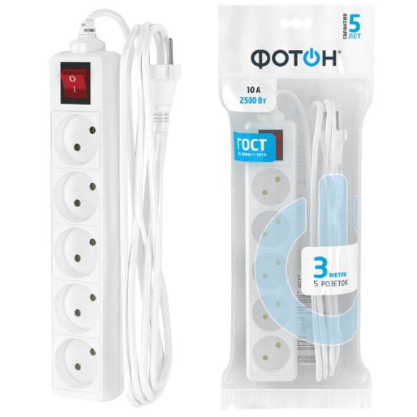 Extension cord "Photon" 10-35S 3m 5 sockets white 1pcs