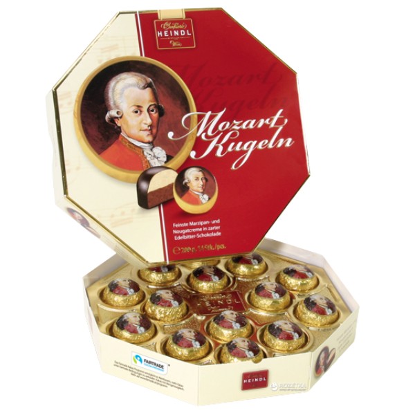 Chocolate candies collection "Heindl" Mozart Kugeln dark chocolate with walnuts marzipan cream and n