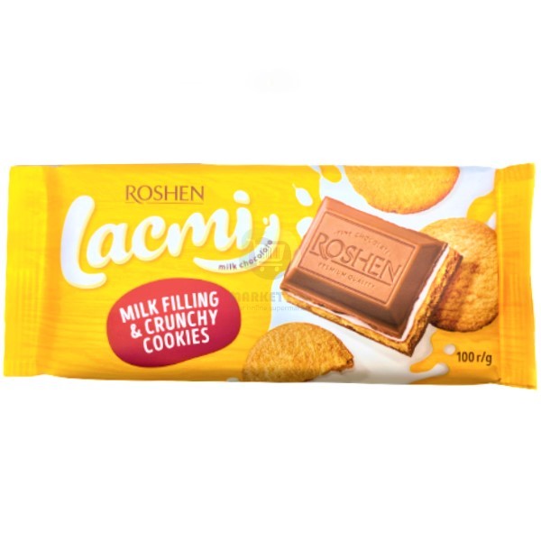 Շոկոլադե սալիկ «Roshen» Lacmi կաթնային միջուկով և խրթխրթան թխվածքաբլիթով 115գ