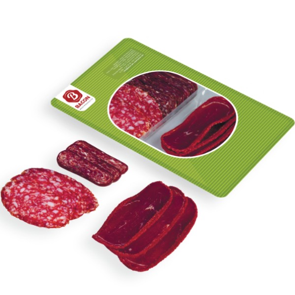 Meat sausage "Bekon" with assorted bacon, traditional basturma + sliced ​​sujukh 150g