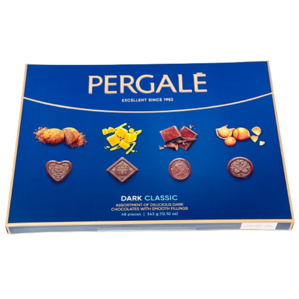Շոկոլադե կոնֆետների հավաքացու «Pergale» մուգ շոկոլադ տրյուֆել կարամել կաթնային շոկոլադ և պնդուկի պրալինե 343գ