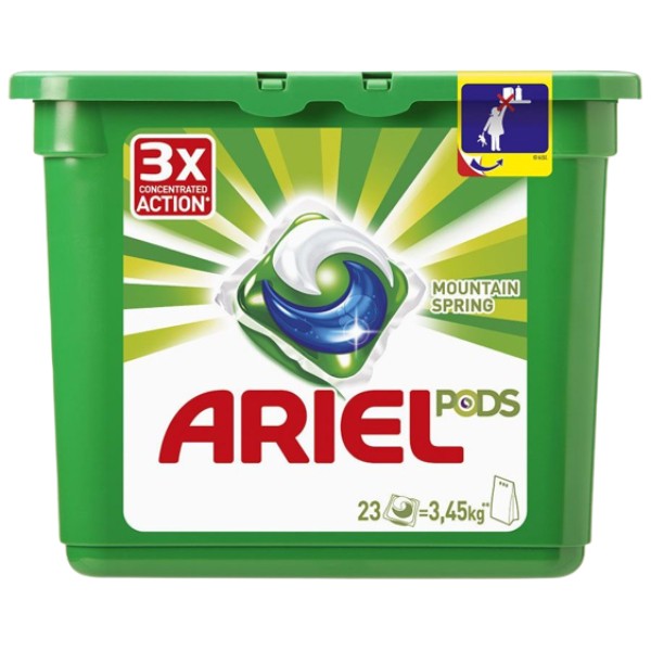 Լվացքի պարկուճներ «Ariel» Լեռան աղբյուր 3-ը 1-ում սպիտակ իրերի համար 23հատ*27գ