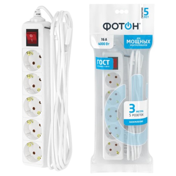 Extension cord "Photon" 16-35ES 16A with a switch with grounding 3m 5 sockets white 1pcs
