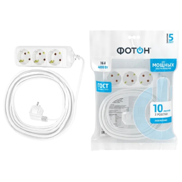 Extension cord "Photon" 16-103E 16A with a switch with grounding 10m 3 sockets white 1pcs