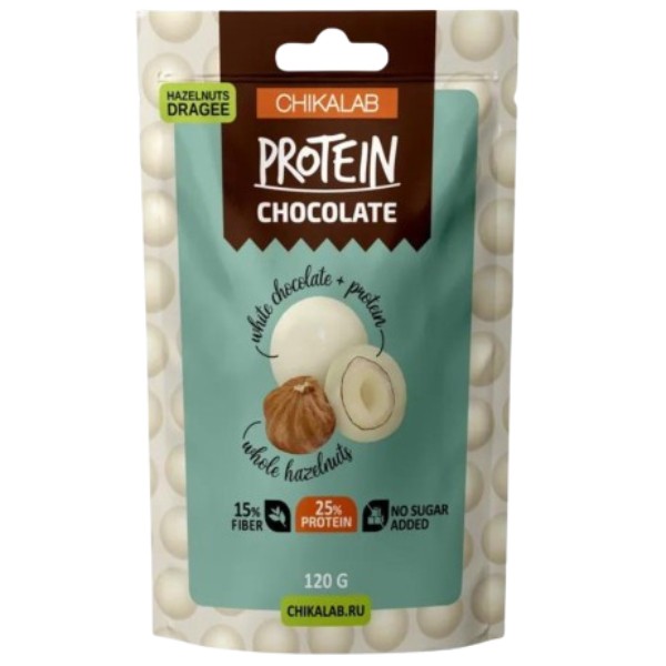 Драже "Chikalab" Protein Chocolate фундук в белом шоколаде 120г