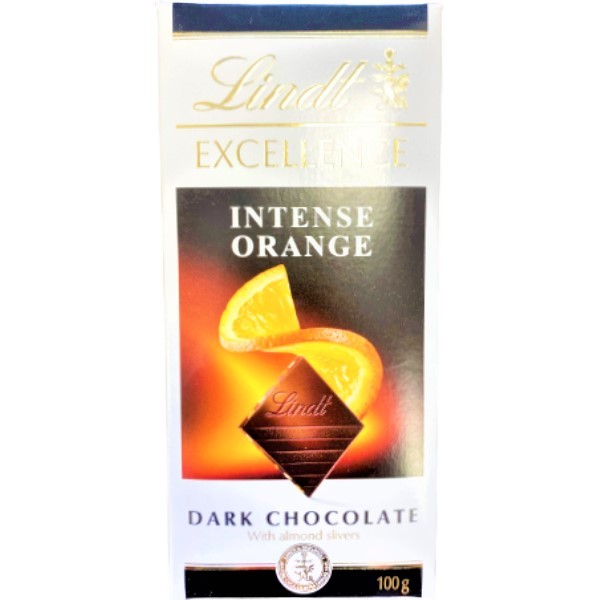 Шоколадная плитка "Lindt" Excellence темный шоколад с кусочками апельсина и миндаля 100г