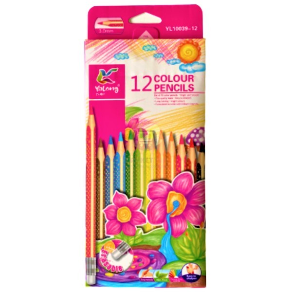 Colored pencils "Yalong" with eraser pink 12 colors