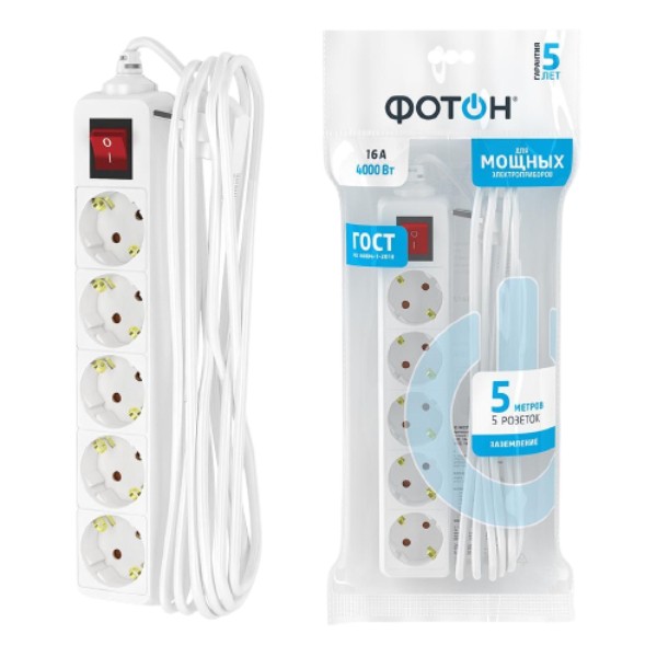 Extension cord "Photon" 16-55ES 16A with a switch with grounding 5m 5 sockets white 1pcs