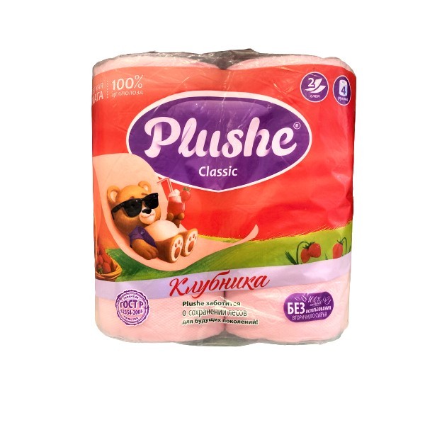 Туалетная бумага "Plushe" с ароматом клубники, 2 слоя, 4 шт.